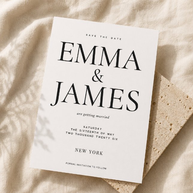 Convite Tipografia Vertical Editável Luxo Save The Date (Elegant vertical typography wedding save the date inspired by luxury fashion editorials.)
