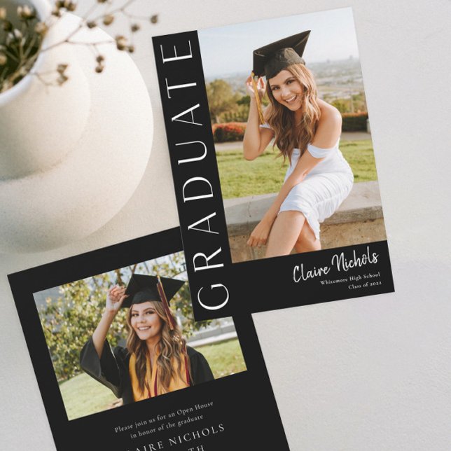 Convite Tipografia Vertical Moderna Foto de Graduação (Modern Black and White Typography Graduate 2 Photo Graduation Invitations.)
