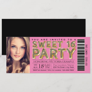 Convite Tíquete 16 Rosa e Black Hollywood Glam Sweet
