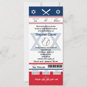 Convite Tíquete de basebol vermelho e Bar azul Mitzvah