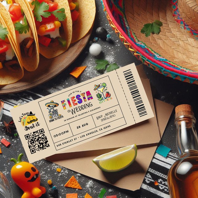 Convite Tíquete de Casamento Fiesta Mexicano "Taco Bout It ("Let's Taco Bout It" Mexican Fiesta Wedding Ticket Invitation)