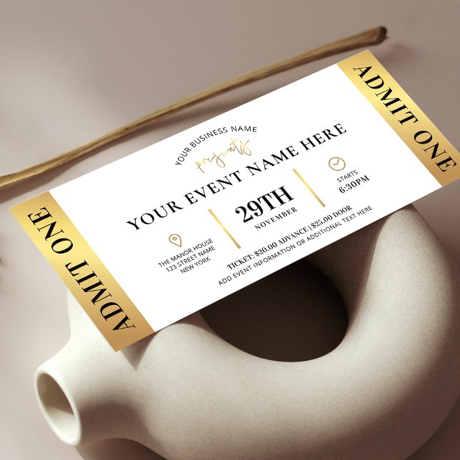 Convite Tíquete de evento Dourado Elegante Logotipo Comerc (Elegant white and gold event ticket design - great for corporate or private events)