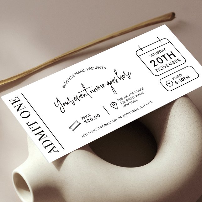 Convite Tíquete de evento Logotipo comercial moderno Admit (Modern event ticket in minimal black and white design with icons and fully editable text & colors)