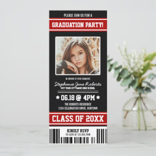 Convite Tíquete de Festa de formatura preto vermelho despo