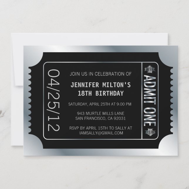 Convite Tíquete de filme prateado (Frente)