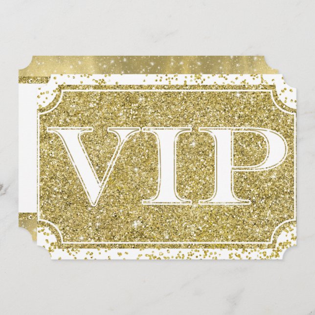 Convite Tíquete de Partido VIP Confetti Glam Dourado Branc (Frente/Verso)