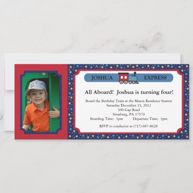 Convite Tíquete de Trem de Fotos - Vermelho e Azul (Frente)