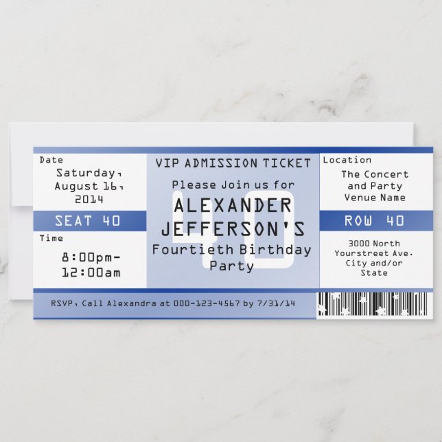 Convite Tíquete do partido Royal Blue aniversário de 40 an (Frente)