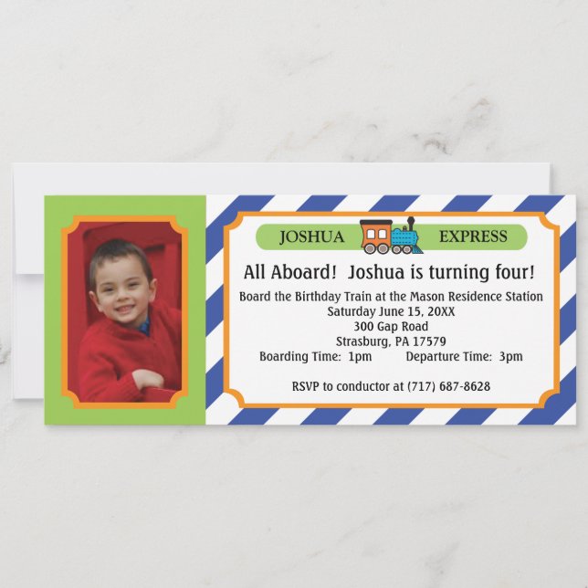 Convite Tíquete do Trem de Fotografia - Stripes Azuis (Frente)