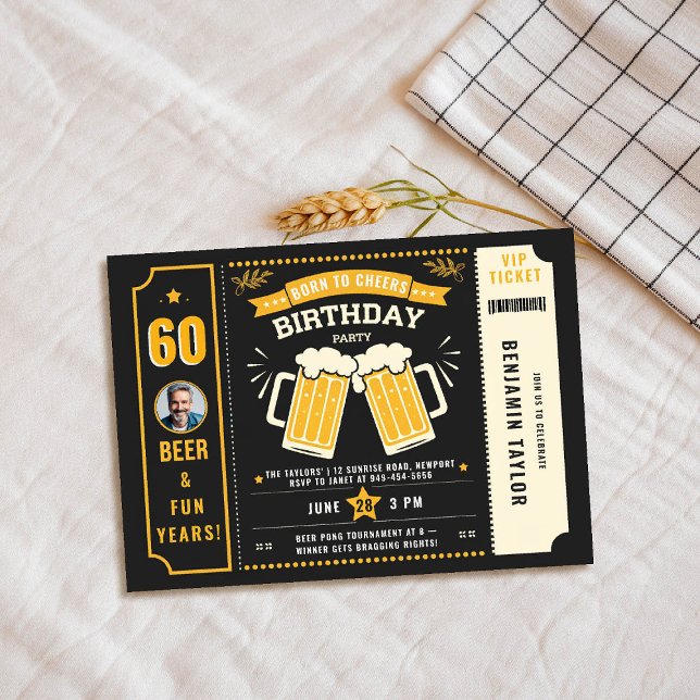 Convite Tíquete Preto Homens Adultos do Tema da Cerveja Fo (men birthday party invitation beer themed cheers photo black yellow orange ticket mugs template)