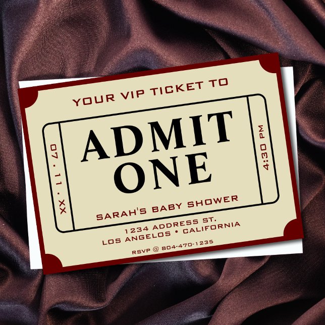 Convite Tíquete Retroativo Admitir um Chá de fraldas (Retro Movie Ticket Admit One Baby Shower Invitation)