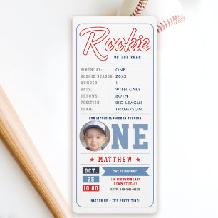 Convite Tíquete Rookie Baseball Stats Blue Boy primeiro an