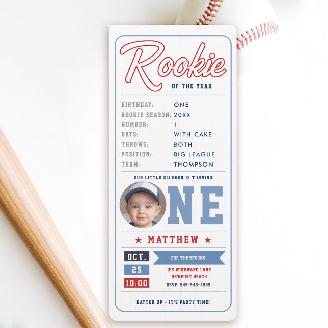 Convite Tíquete Rookie Baseball Stats Blue Boy primeiro an (baseball 1st birthday invite boy little slugger rookie of the year player stats ticket fun template)
