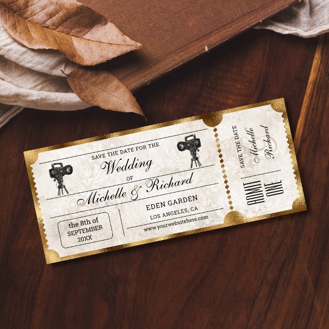 Convite Tíquete Rustic Vintage para salvar a data (rustic movie ticket save the date)