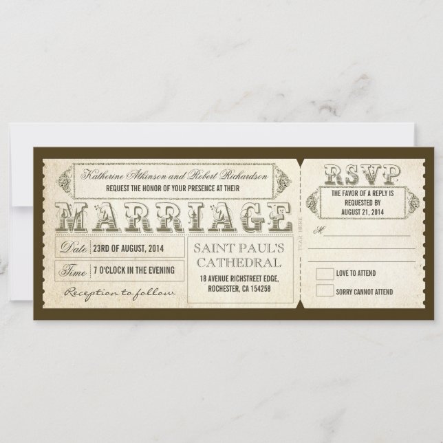 Convite Tíquetes de casamento vintage e RSVP (Frente)
