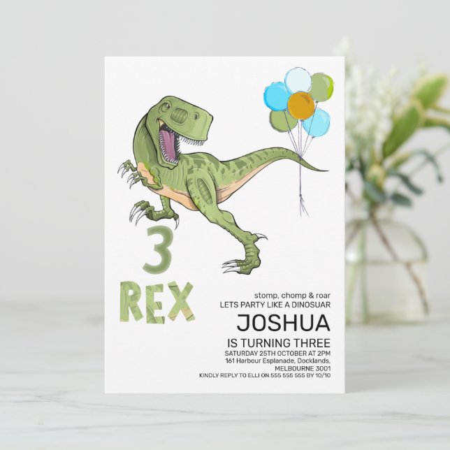 Convite Tiranossauro Três Rex Dino Aniversário de 3 anos (Em pé/Frente)