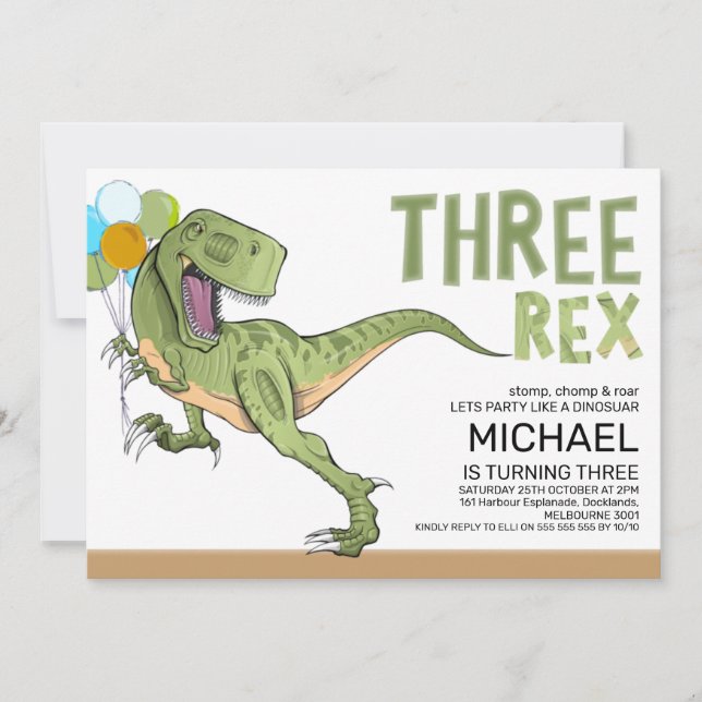 Convite Tiranossauro Três Rex Dinossauro Aniversário de 3  (Frente)