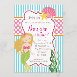 Convite Tiras de tartaruga, Bolinhas rosa, sereia loira