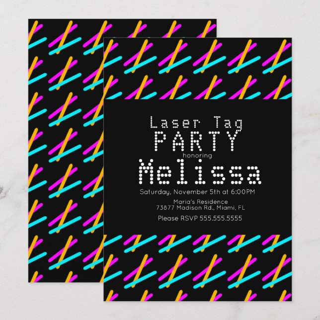 Convite Tiro a Laser Luzes Neon Brilho no Escuro Festa Gar (Frente/Verso)