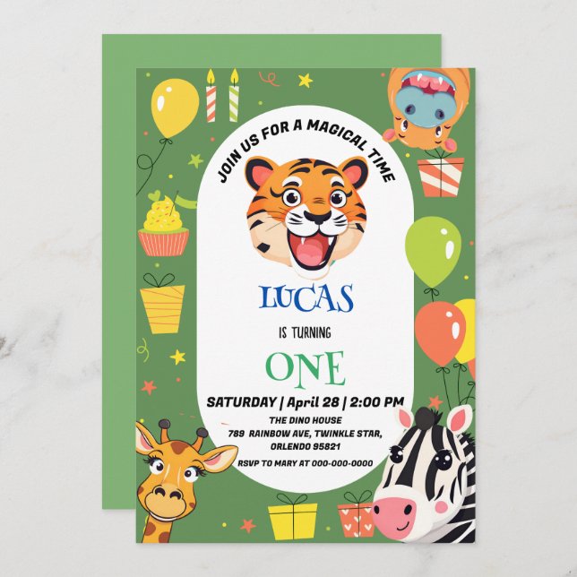 Convite Tiro divertido Zebra Hippo safari zoo Wilthday (Frente/Verso)