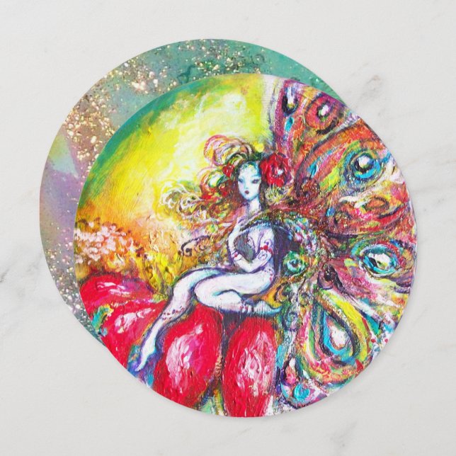 Convite TITÂNIA E FLOR VERMELHA, Faíscas de Azul Teal Verd (Frente/Verso)