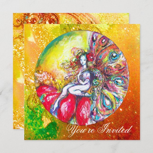 Convite TITANIA FLOWER FAIRY Dourado Amarelo Vermelho Verd (Frente/Verso)