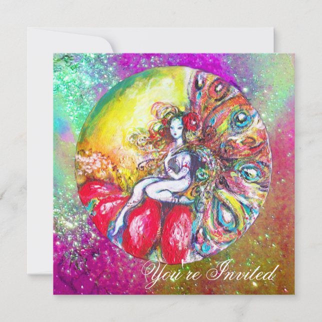 Convite TITÂNIA, rosa amarelo azul roxo vermelho faíscas (Frente)