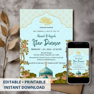 Convite Título Arco Floral Azul Mesquita Iftar Aquarela