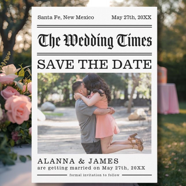 Convite Título de Foto de Jornal Antigo Salve a Data (Newspaper-style Save the Date with romantic photo and vintage typography for modern weddings.)