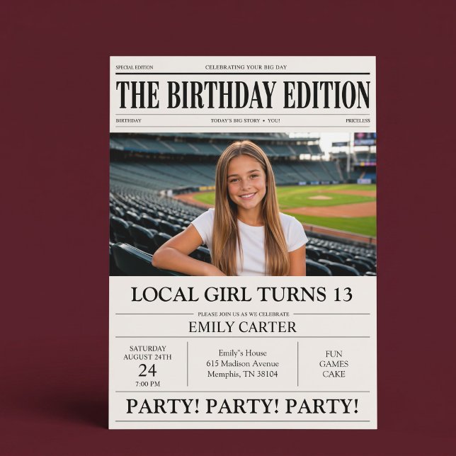 Convite Título de Jornal Menina Engraçada Festa de Anivers (Criador carregado)