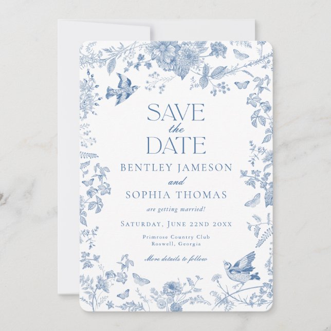 Convite Toalha Azul De Jouy Floral Francês Save the Date (Frente)