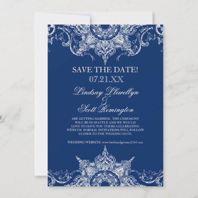 Convite Toalha Damask Swirl Save the Dates Azul Marinho (Frente)