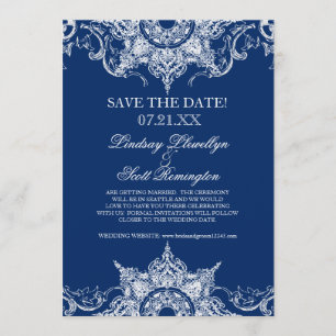 Convite Toalha Damask Swirl Save the Dates Azul Marinho