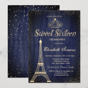 Convite Toalha de Eiffel Confete Tiara de Ouro Elegante Sw