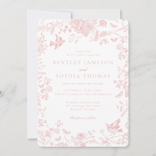 Convite Toalha de Jouy Rosa Flores Francesas Casamento (Frente)