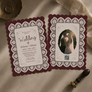 Convite Toalha de Renda Burgundy para Foto de Casamento de