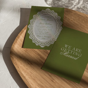Convite Toalha de renda verde oliva vintage para casamento