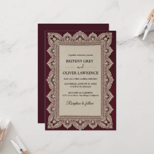Convite Toalha de Renda Vintage Elegante Burgundy Casament