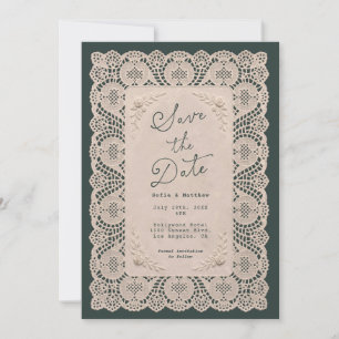 Convite Toalha de Renda Vintage Verde Salve a Data