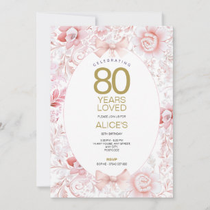 Convite Toalha Floral Rosa & Dourado Aniversário de 80 ano