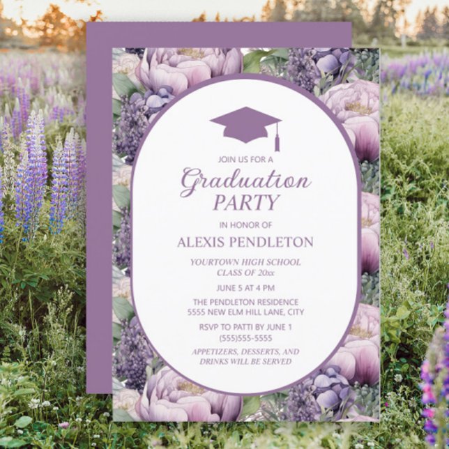 Convite Toca de Formatura Escolar Floral Roxa (Purple floral graduation party invitation)