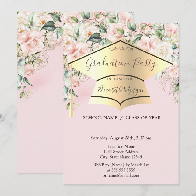 Convite Toca de formatura,Rosas Rosa Claro Graduação  (Frente/Verso)