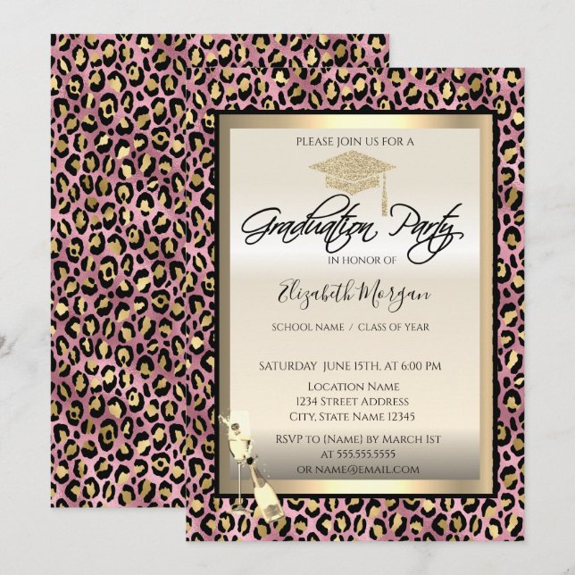 Convite Toca de Formatura,Taça de Vinho Estampa de Leopard (Frente/Verso)