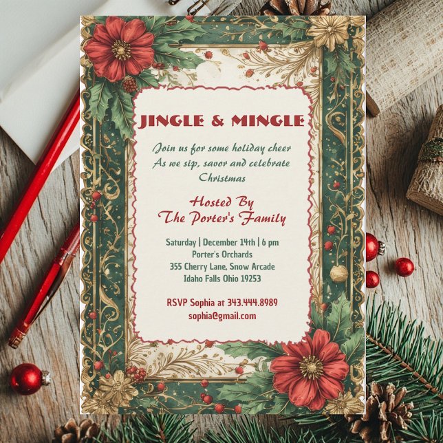 Convite Tocar e Conviver Natal Vermelho Verde Dourado Vint (Jingle and Mingle Christmas Red Green Vintage Gold Invitation)