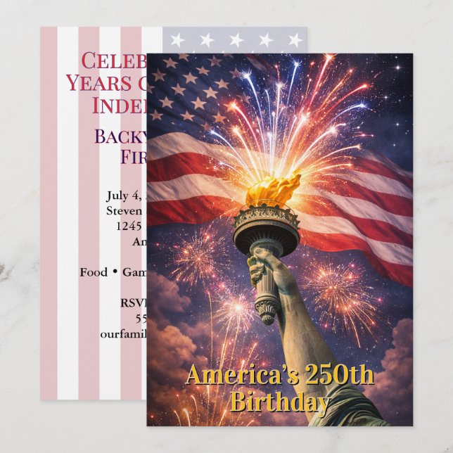 Convite Tocha de Liberdade do 4 de Julho Fogo de Artifício (Frente/Verso)