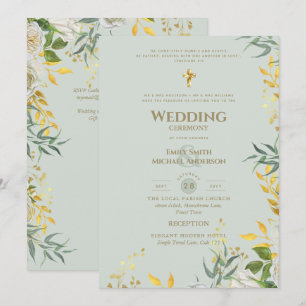 Convite Toda-em-1 Sage Dourado Vegetação Casamento Católic