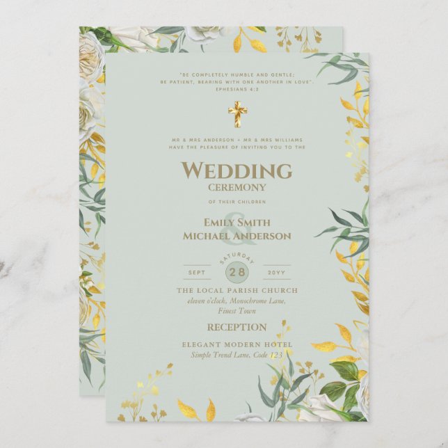 Convite Toda-em-1 Sage Gold Greenery Casamento Católico (Frente/Verso)