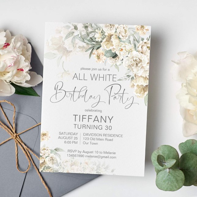 Convite Todas as festas de aniversário brancas, prateadas, (All white birthday party invitation template silver sage white flowers invitation)