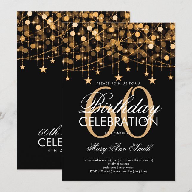 Convite Todas as luzes e estrelas de cordas Douradas de an (Frente/Verso)