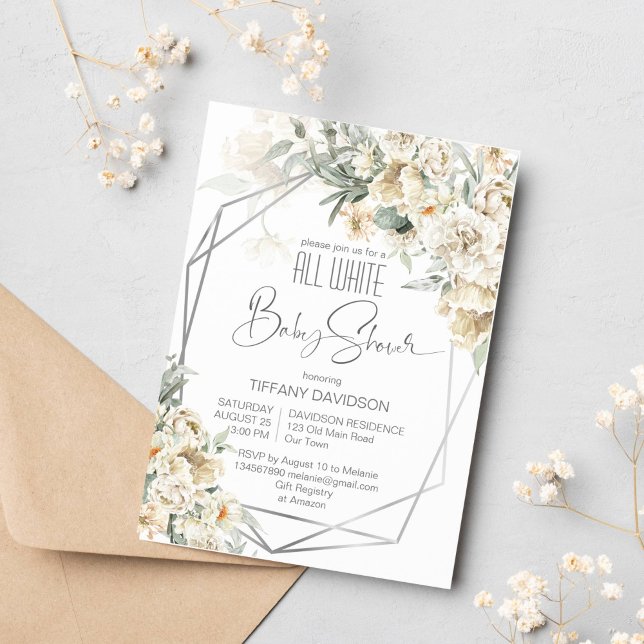 Convite Todas as molduras prateadas de chá de fraldas bran (All white baby shower invitation white flowers silver geometrical frame silver sage white themed)